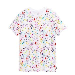 Pre-worn TomboyX “Paint the Rainbow” splatter pattern oversized crew tee